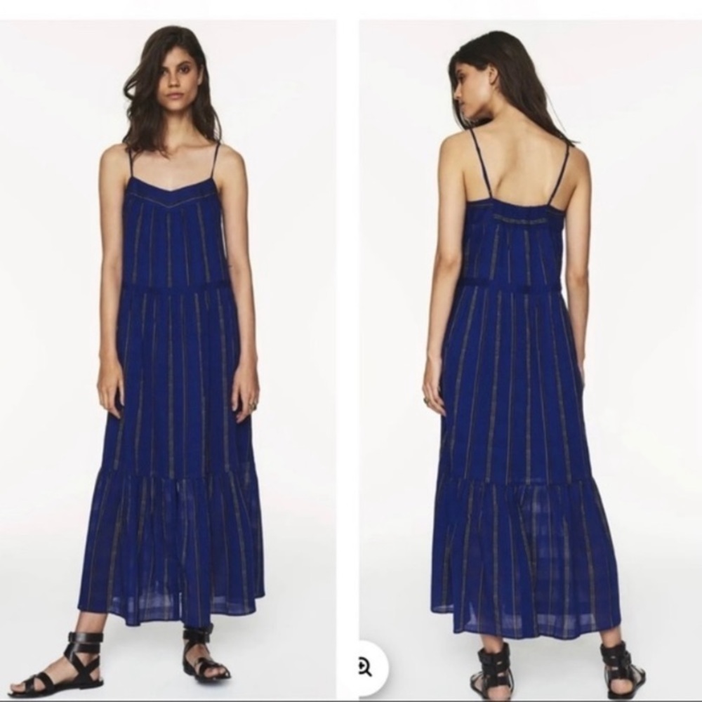 Ba&sh Dress Kyo Cotton Tiered Maxi in Vertical Striped Blue